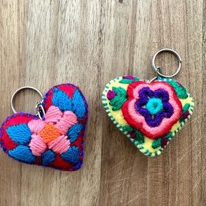 Two Hand Embroidered Hearts Mexican Ornament Heart Keychain Corazon Bordado